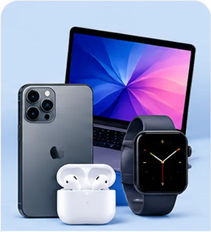 A laptop, a smartphone, wireless earbuds and a smartwatch.