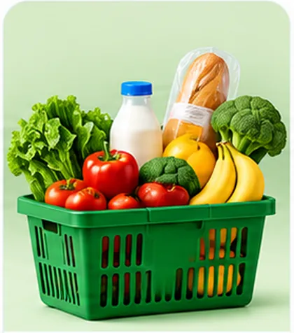 A shopping basket of vegetables, fruit, bread and milk.