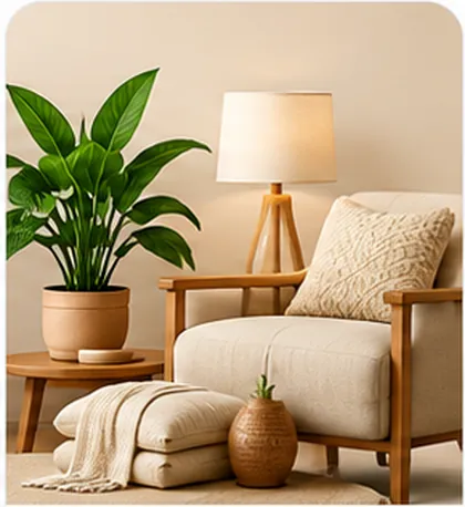 An armchair, a floor lamp, a potted plant and folded throws.