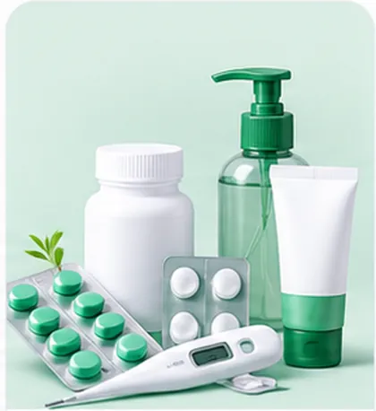 Medicine bottles, blister packs, a thermometer and skincare tubes.