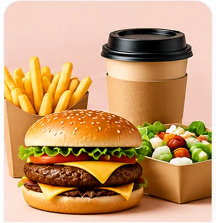 A burger, fries, a salad box and a takeaway coffee cup.